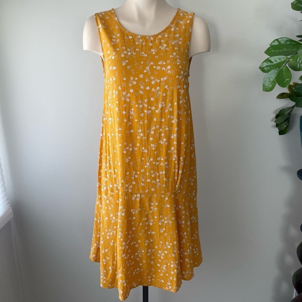 Ichi Ditsy Floral Mustard Yellow Sleeveless Tank Midi Dress Drop Waist Size 38